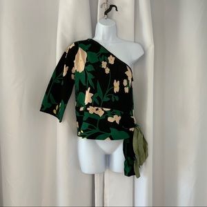 Club Monaco Black Floral One-Shoulder Top
